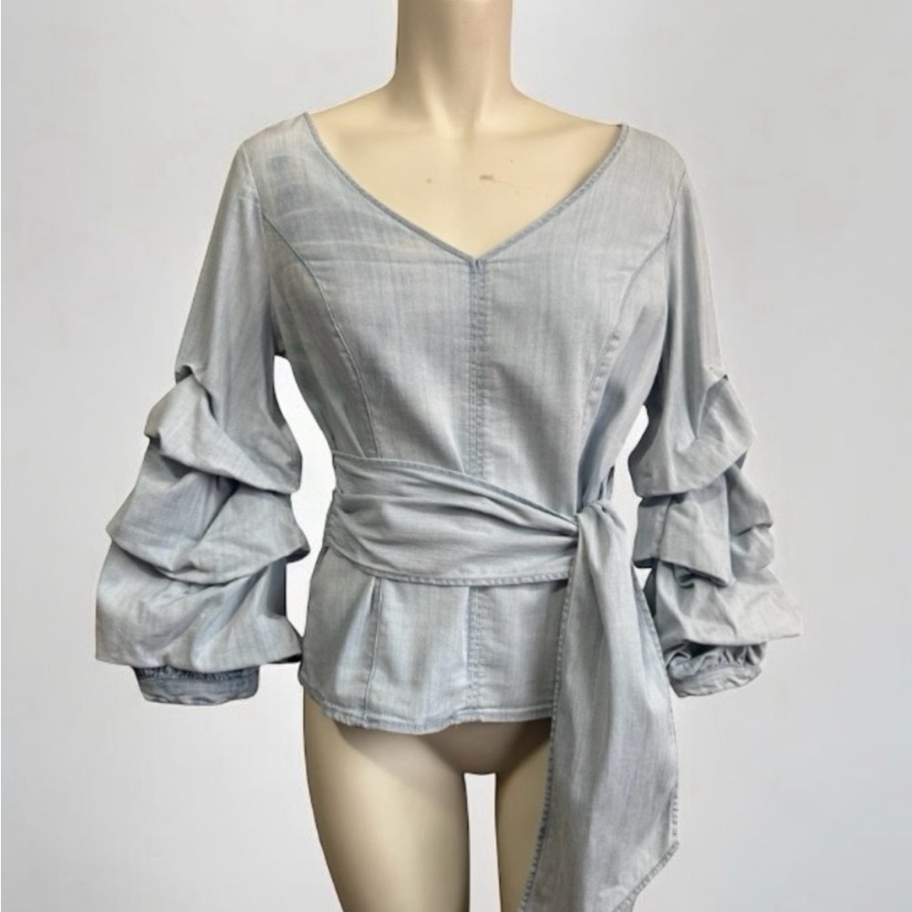 White House Black Market Gray Blouse with Bell Sleeves and Ruffled Tie Front